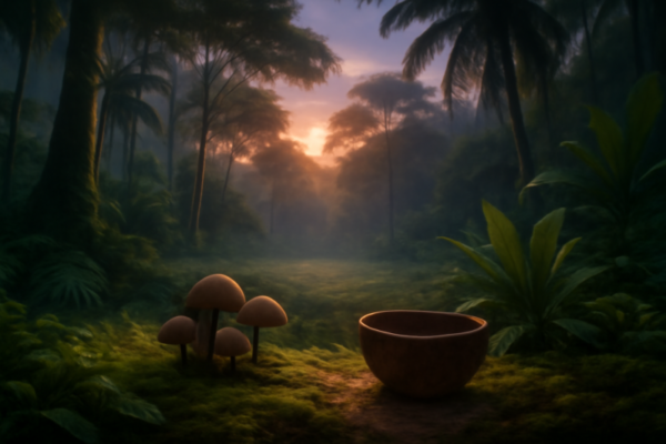 Ceremoniale beker en paddenstoelen in een mystiek verlicht jungleklaring bij schemering