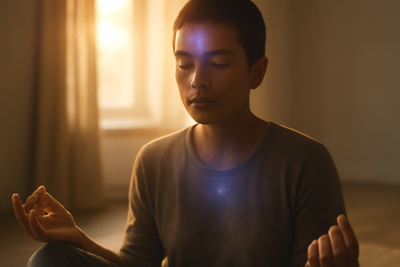 Persoon in meditatie met zacht indigo licht op het voorhoofd, derde oog symbool