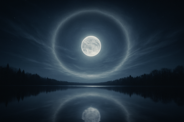 Volle maan met een grote lichtende halo ring weerspiegeld in een rustig meer 's nachts