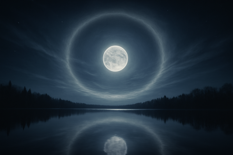 Volle maan met een grote lichtende halo ring weerspiegeld in een rustig meer 's nachts