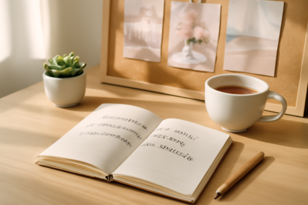 Open dagboek met affirmaties en een visiebord op een houten bureau in zacht ochtendlicht