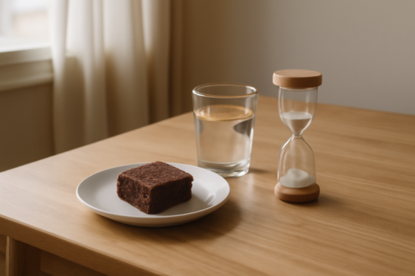 Klein stukje spacecake op een wit bord naast een glas water en een zandloper