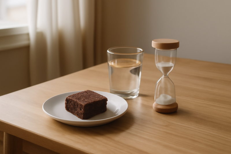 Klein stukje spacecake op een wit bord naast een glas water en een zandloper