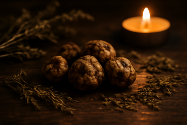 Verse psilocybine-truffels op een houten tafel met kaars en gedroogde kruiden