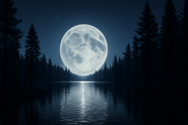 Volle maan weerspiegeld in een kalm meer omringd door dennenbomen bij nacht