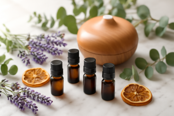 Essentiële oliën flesjes met lavendel en eucalyptus op marmeren ondergrond voor aromatherapie