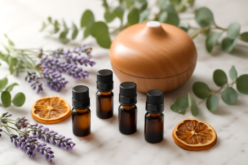Essentiële oliën flesjes met lavendel en eucalyptus op marmeren ondergrond voor aromatherapie